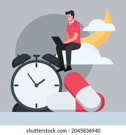 Man with laptop sit above pills and alarm clock