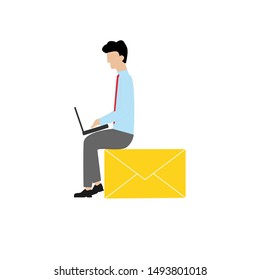 A man with a laptop sits on a letter. Flat cartoon character isolated on white background