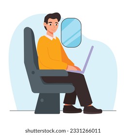 Man with a laptop sits on a plane or train. Journey. Vector graphic.