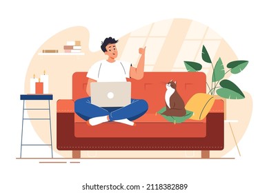 Man with a laptop sits on a sofa. Freelance or study concept. Man freelancer working or study from home online. Self-employed people work in comfortable conditions. Vector illustration in flat style.