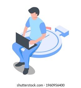 A man with a laptop sits on a stopwatch. Deadline concept.  Isometric vector illustration. Isolated on white background