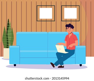 man with laptop sits sofa in the home
