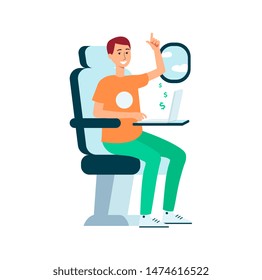 Man with laptop sitting in airplane near window cartoon style, vector illustration isolated on white background. Freelance guy traveling by plane and earns money working on computer