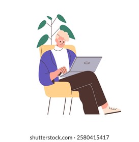 Man with laptop, sitting in armchair during remote online work. Business person, freelancer with notebook computer. Freelance worker in chair. Flat vector illustration isolated on white background