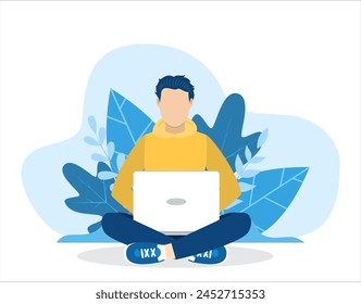 man with laptop sitting in nature with crossed legs. Freelance or studying concept. web page design template for online education, training. Vector illustration in flat style