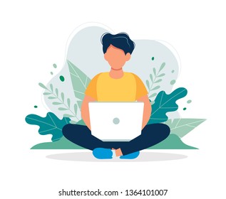 Man with laptop sitting in nature and leaves. Concept illustration for working, freelancing, studying, education, work from home. Vector illustration in flat cartoon style