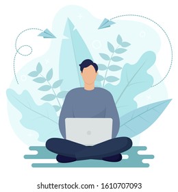 Man With Laptop Sitting In Nature And Leaves. Concept Illustration For Working, Freelancing, Studying, Education, Work From Home. Vector Illustration In Flat Style