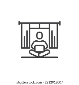 Man with laptop sitting next to window line icon. linear style sign for mobile concept and web design. Coworking, freelance work outline vector icon. Symbol, logo illustration. Vector graphics