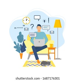 Man with laptop sitting on the armchair. Freelance or studying concept. Male works at a computer in a home interior. vector