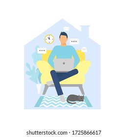 Man with laptop sitting on the armchair.  Lockdown. Freelance or studying concept. Male works at a computer in a home interior. vector