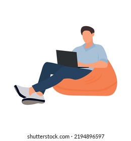 Man with laptop sitting on the armchair. Freelance, business or studying concept. Cute illustration in flat style.