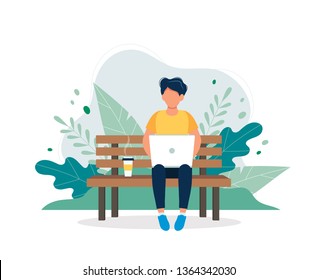 Man with laptop sitting on the bench in nature and leaves. Concept illustration for freelance, working, studying, education, work from home, healthy lifestyle. Vector illustration in flat style