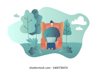 Man with laptop sitting on the bench in nature and leaves. Concept illustration for freelance, working, studying, education, work from home, healthy lifestyle. Vector illustration in flat style