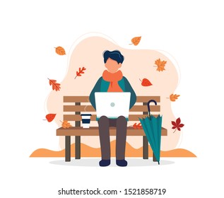 Man with laptop sitting on bench in autumn. Vector illustration in flat style