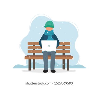 Man with laptop sitting on bench in winter. Vector illustration in flat style