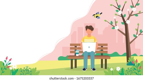 Man with laptop sitting on the bench with coffee.  Cute vector illustration in flat style.