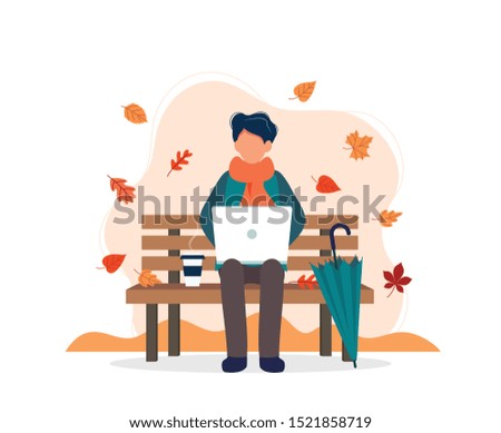 Man with laptop sitting on bench in autumn. Vector illustration in flat style
