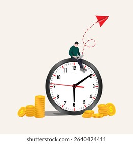 A man with a laptop is sitting on a big clock, art collage. New creative ideas. Contemporary art collage