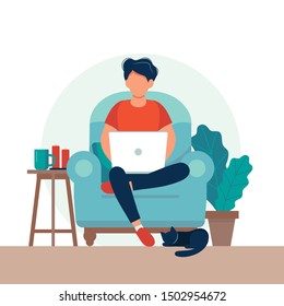 Man with laptop sitting on the chair. Freelance or studying concept. Cute illustration in flat style.