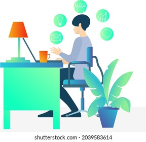 Man with laptop sitting on the chair. Freelance or studying concept. Cute illustration in flat style. great for social media promotional materials