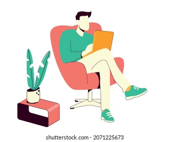 Man with laptop sitting on the chair. Freelance or studying concept. Working on laptop. Cute illustration in cartoon style. Green, yellow and pink colors.