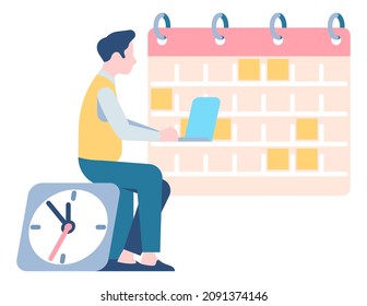 Man with laptop sitting on clock looking at calendar. Planning concept