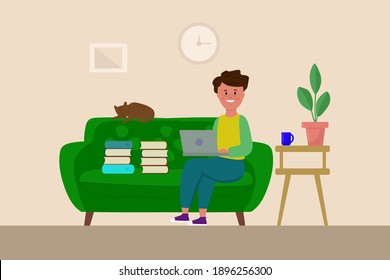 A man with a laptop is sitting on the couch. The concept of Freelancing, studying, working at home, remote work, home office. Cute interior illustration with people in flat style. Vector illustration