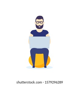 man with laptop sitting on fitball, vector