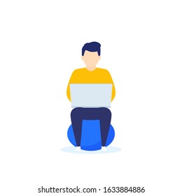 man with laptop sitting on fitball, young freelancer working, vector