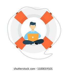 Man with laptop sitting on life ring on white.
