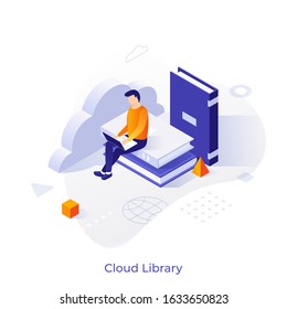 Man with laptop sitting on pile of books. Concept of cloud library, electronic literature database, digital reading, internet education, web educational service. Modern isometric vector illustration.