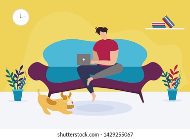 Man with Laptop Sitting on Sofa Cartoon. Freelancer Working at Home. Guy Chatting Social Media, Typing and Sending Email. Male Character Studying or Doing Network. Vector Flat Illustration