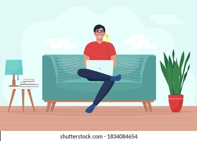 Man with laptop sitting on sofa. Work from home concept. Vector illustration in flat style