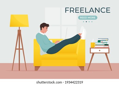 Man with laptop sitting on sofa. Work from home, freelance. Vector illustration in flat style