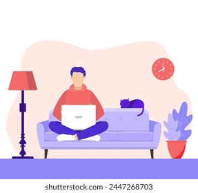 man with laptop sitting on the sofa. Freelance or studying concept. web page design template for online education, training and courses, learning, video tutorials. Vector illustration in flat style