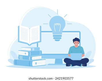 man with laptop sitting  online education concept  distance learning concept trending concept flat illustration