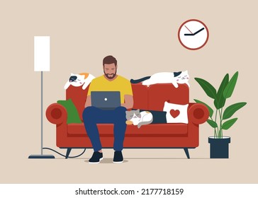 Man with laptop sitting of sofa. Freelance or studying concept. Cute illustration in flat style.