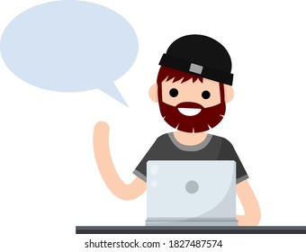 Man with laptop. Smiling happy guy talking. Study and education. Bubble dialogue and advice. Cartoon flat illustration. Student at school. Work at computer and speech