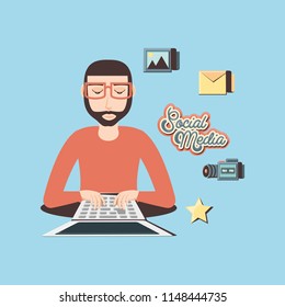 man with laptop social media icons