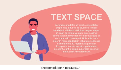 A man with a laptop. Space for text, copy space, mock up, banner for website, online store, online courses. Portrait of a programmer with a laptop. Insert design, flat illustration