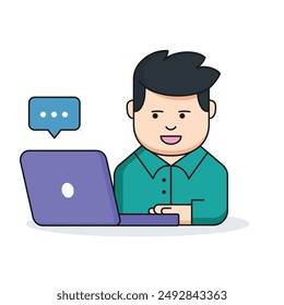 hombre con portátil y el icono de la burbuja de voz. redes sociales y marketing digital tema. Diseño colorido. Ilustración vectorial
