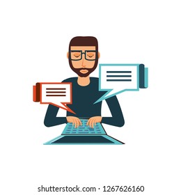man with laptop and speech bubbles