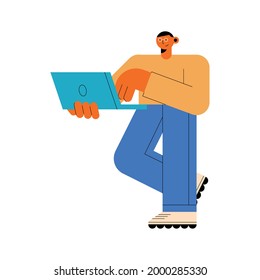 man with laptop standing character