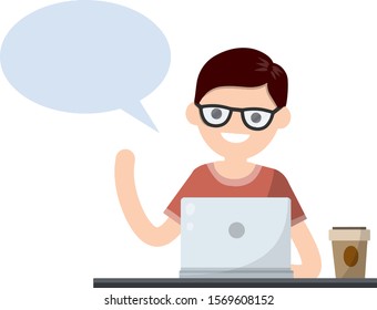 Man with laptop. Student at school. Work at computer and speech. Smiling happy guy talking. Study and education. Bubble dialogue and advice. Cartoon flat illustration