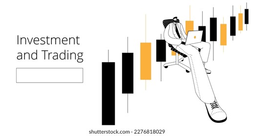 A man with a laptop is studying stock indexes. Vector illustration on the topic of trading. Horizontal banner template.