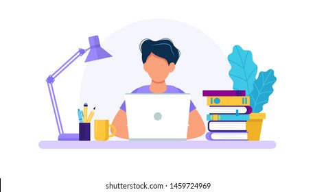 Man with laptop, studying or working concept. Table with books, lamp, coffee cup. Vector illustration in flat style