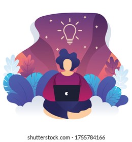 Hombre con laptop, estudio o concepto de trabajo. En lo natural. Ilustración vectorial en estilo plano. Pensar en el proceso para el éxito