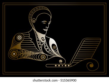 Man with laptop. Suitable for invitation, flyer, sticker, poster, banner, card,label, cover, web. Vector illustration.
