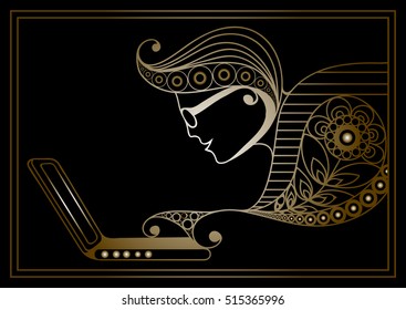 Man with laptop. Suitable for invitation, flyer, sticker, poster, banner, card,label, cover, web. Vector illustration.
