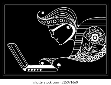 Man with laptop. Suitable for invitation, flyer, sticker, poster, banner, card,label, cover, web. Vector illustration.